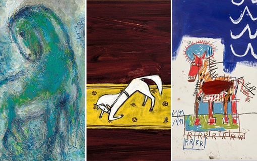 The image shows three abstract paintings side by side with different artistic styles and subjects.