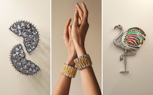 Three luxurious jewelry pieces: a gemstone brooch, gold bracelets, and a colorful flamingo brooch.