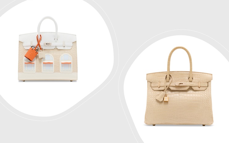 Two luxury handbags, one with architectural window designs and orange accents, the other in plain beige.