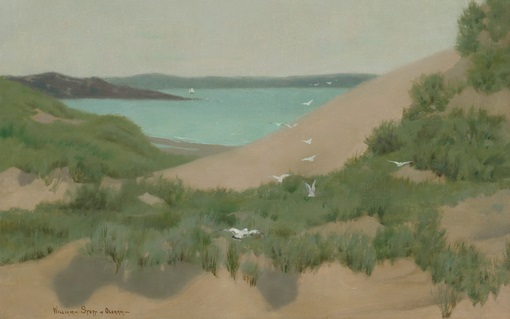 A serene coastal scene with sand dunes, green shrubs, flying birds, and a sailboat on the water.