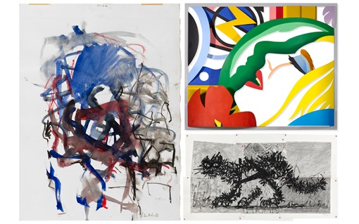 The image shows three abstract artworks: one with expressive brushstrokes, one pop art portrait, and one spiky animal sketch.