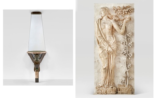 On the left is an owl-shaped wall shelf, and on the right is a floral-themed sculpted relief.