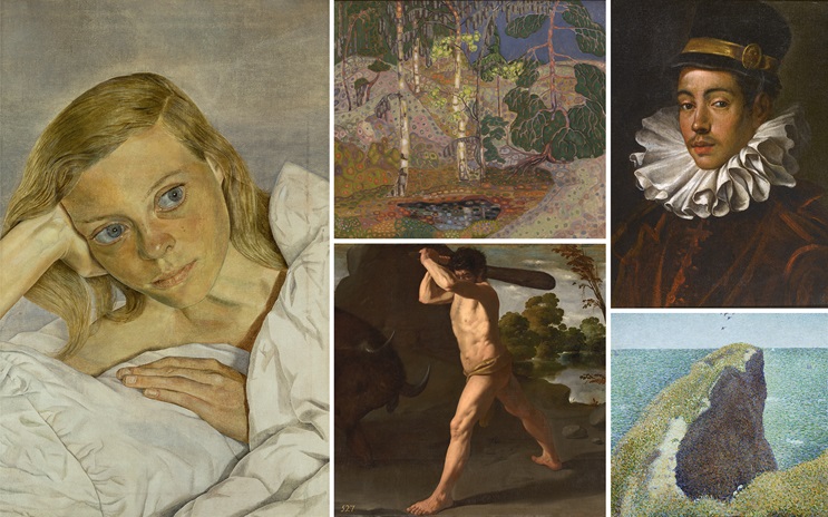 The image is a collage of five different classic art paintings featuring various subjects and scenes.