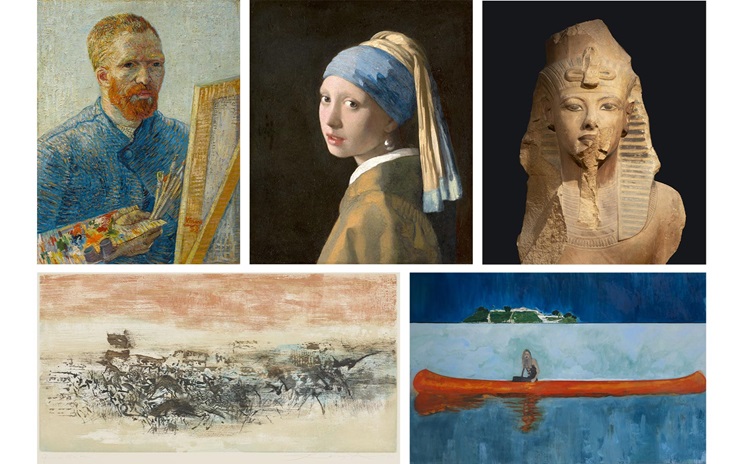 The image shows five famous artworks, including a painter, a woman with a pearl earring, a statue, an abstract scene, and a person in a red canoe.