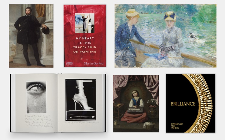 A collage features various art books, classic paintings, and a book about jewelry art and fashion.