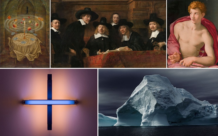 A collage of five images including classic art, a neon cross, and a large iceberg.