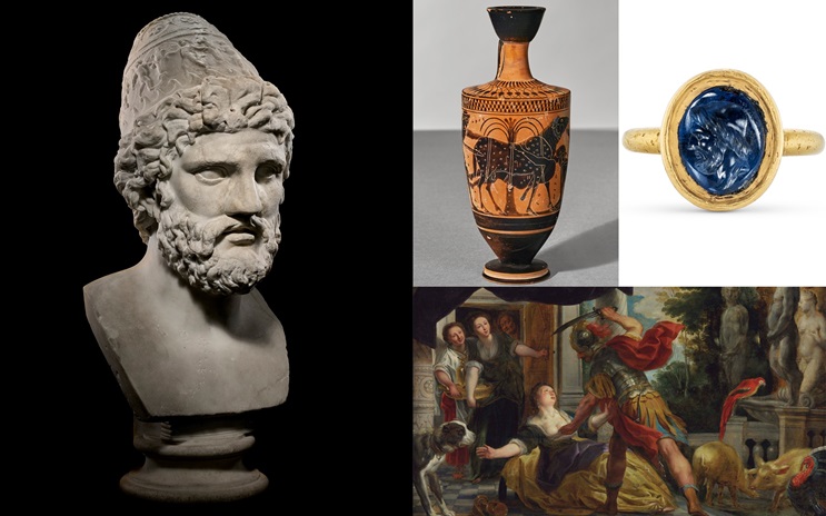 A collage of ancient art including a bust, vase, ring, and a classical painting scene.