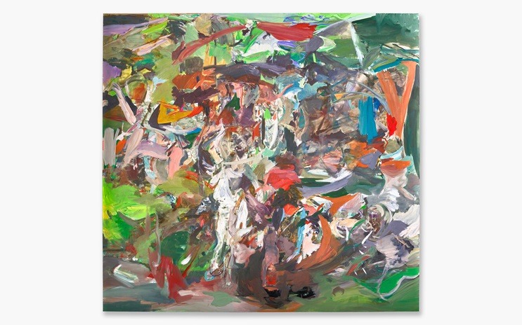 Abstract painting with vibrant colors and dynamic brushstrokes creating a chaotic composition.