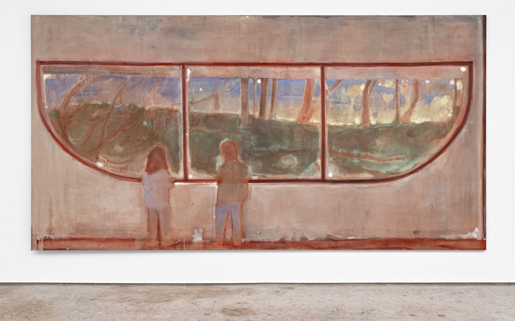 Painting on a gallery wall of two figures standing by a large window, gazing out at a landscape with trees and soft colors.