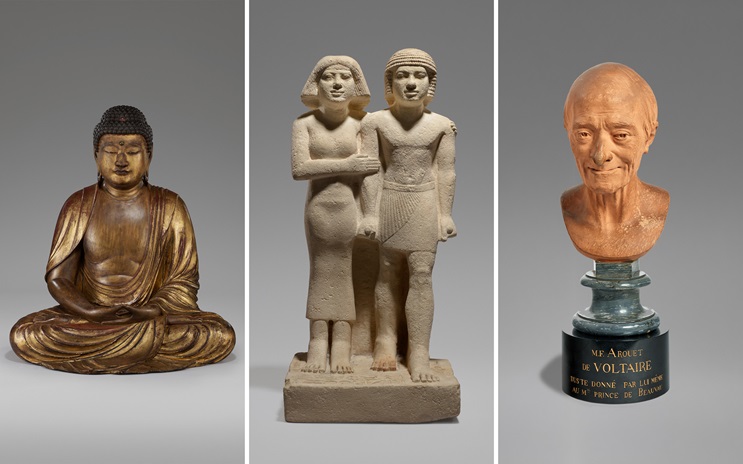 The image shows three sculptures: a seated Buddha, an ancient Egyptian couple, and a bust on a pedestal.