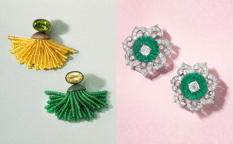 Two pairs of colorful earrings, one with tassels and one with floral diamond designs.