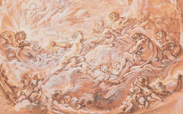 Mythological figures and cherubs are depicted among clouds in a radiant, classical scene.