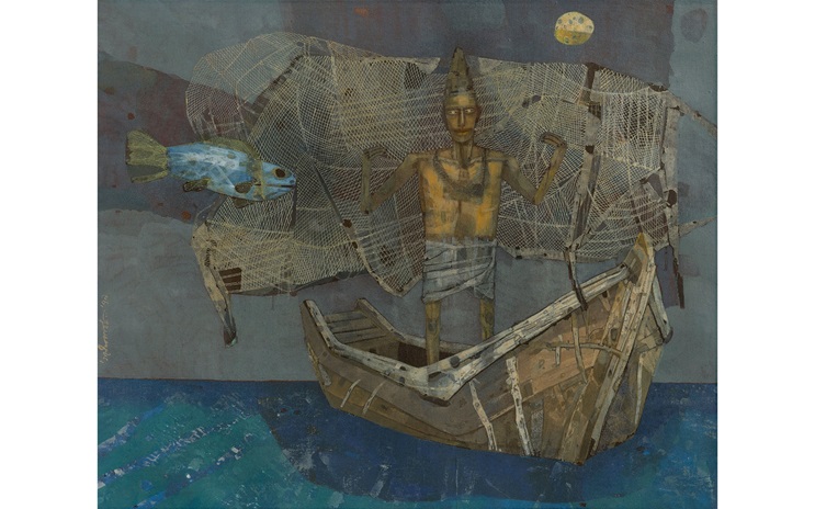 A person stands on a wooden boat holding fishing nets with a large fish and moon in the background.