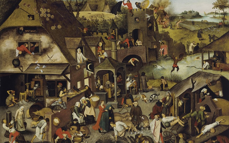 A busy medieval village scene with people engaged in various activities and chaotic events.