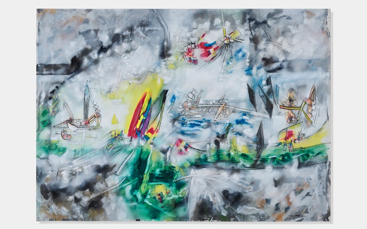 An abstract painting with dynamic lines, colorful shapes, and a cloudy, textured background.