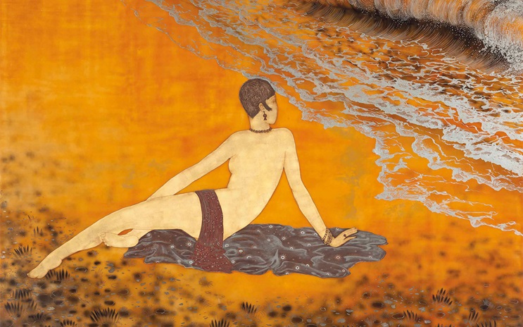 Woman bathing on a bright orange beach with a wave approaching