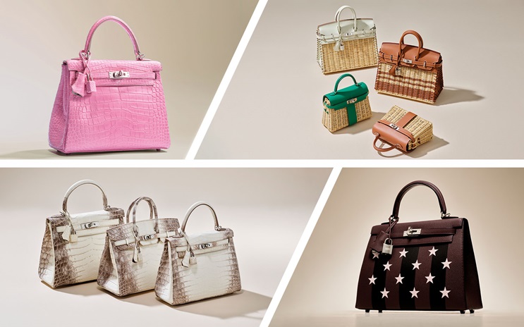 A collage showcasing various luxury handbags in different materials, sizes, and colors.