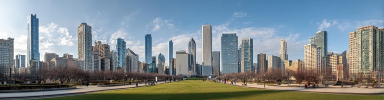 A panoramic view of the bustling Chicago skyline with skyscrapers and a green park in the foreground.