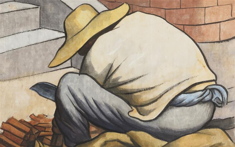 A person wearing a large hat and draped in a cloth is crouched down, working with bricks near a wall and some steps.