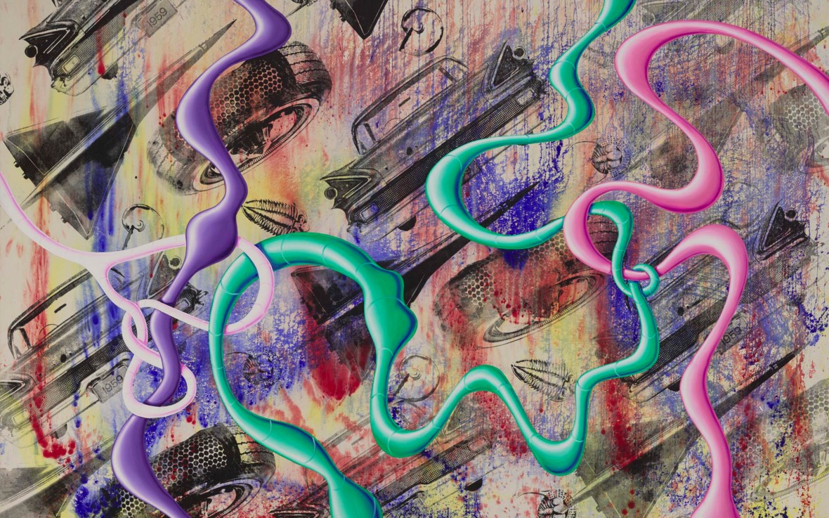 A vibrant abstract artwork features swirly neon lines overlaying sketchy car and tire images on a splattered, multicolored background.