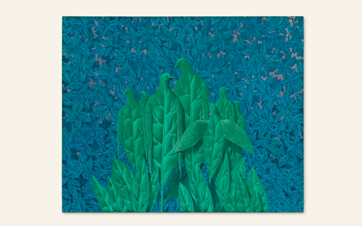 Several green birds with leaf-like bodies stand together against a leafy blue background.