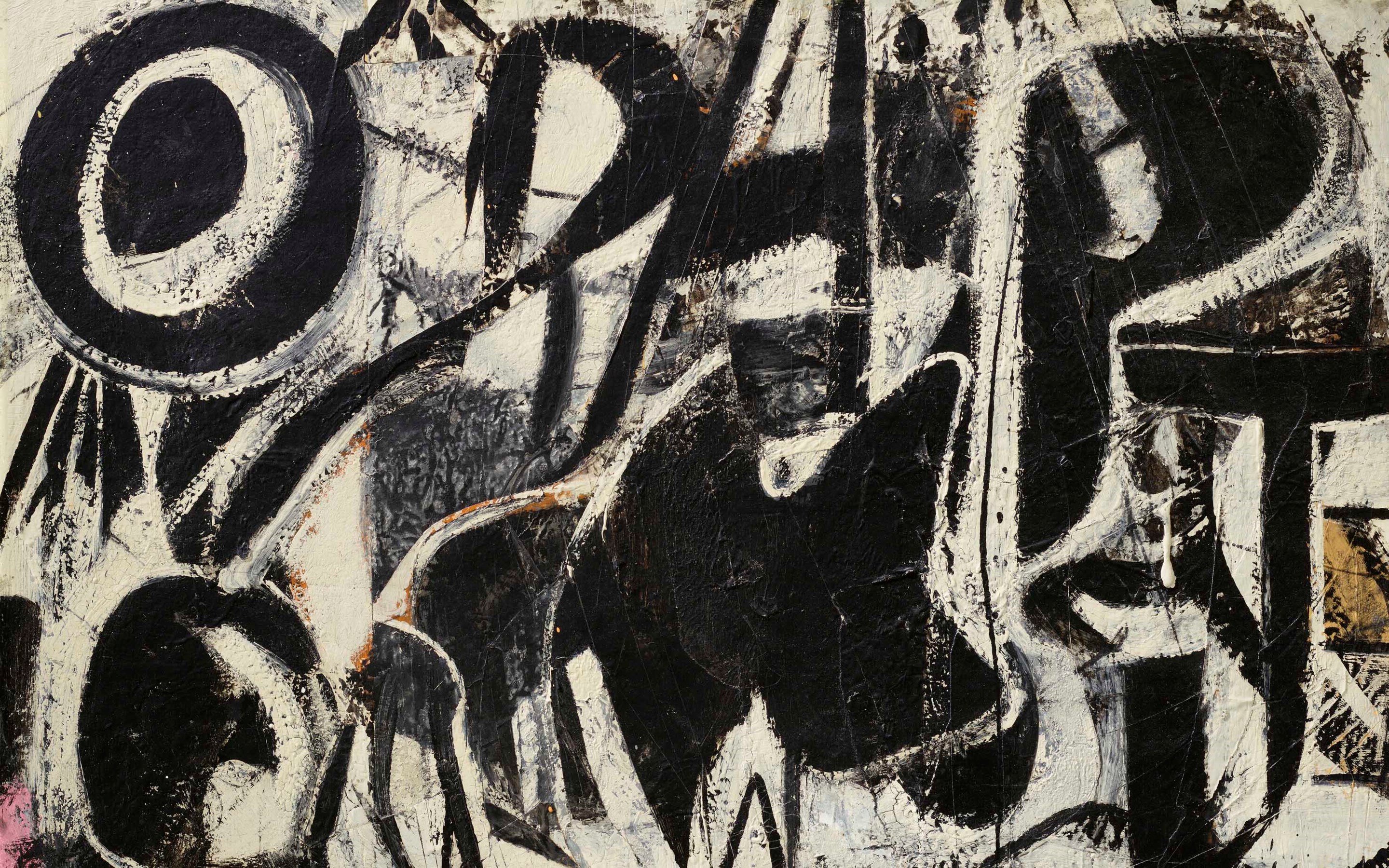 Abstract black and white painting with large, bold, overlapping letters and shapes.