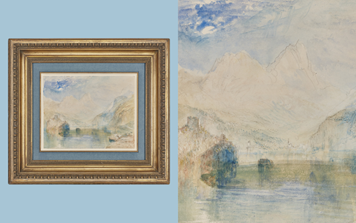 A framed watercolor painting depicts a misty mountain landscape with a reflective lake.