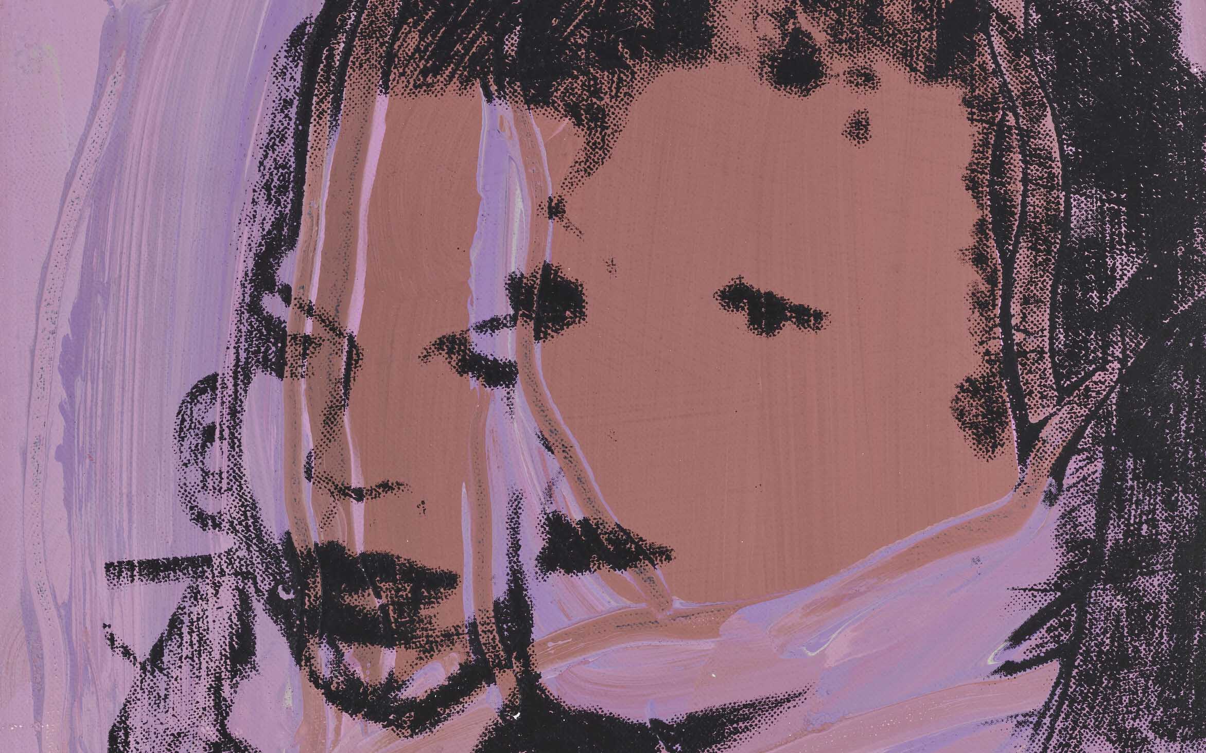 The image shows a stylized, abstract painting of a figure with prominent black brush strokes and light purple accents on a pale background.