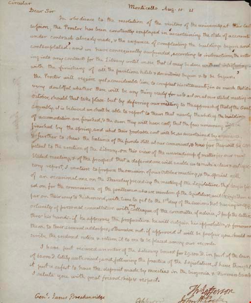 JEFFERSON, Thomas. Autograph letter signed ("ThJefferson") as Rector of the Board of Visitors