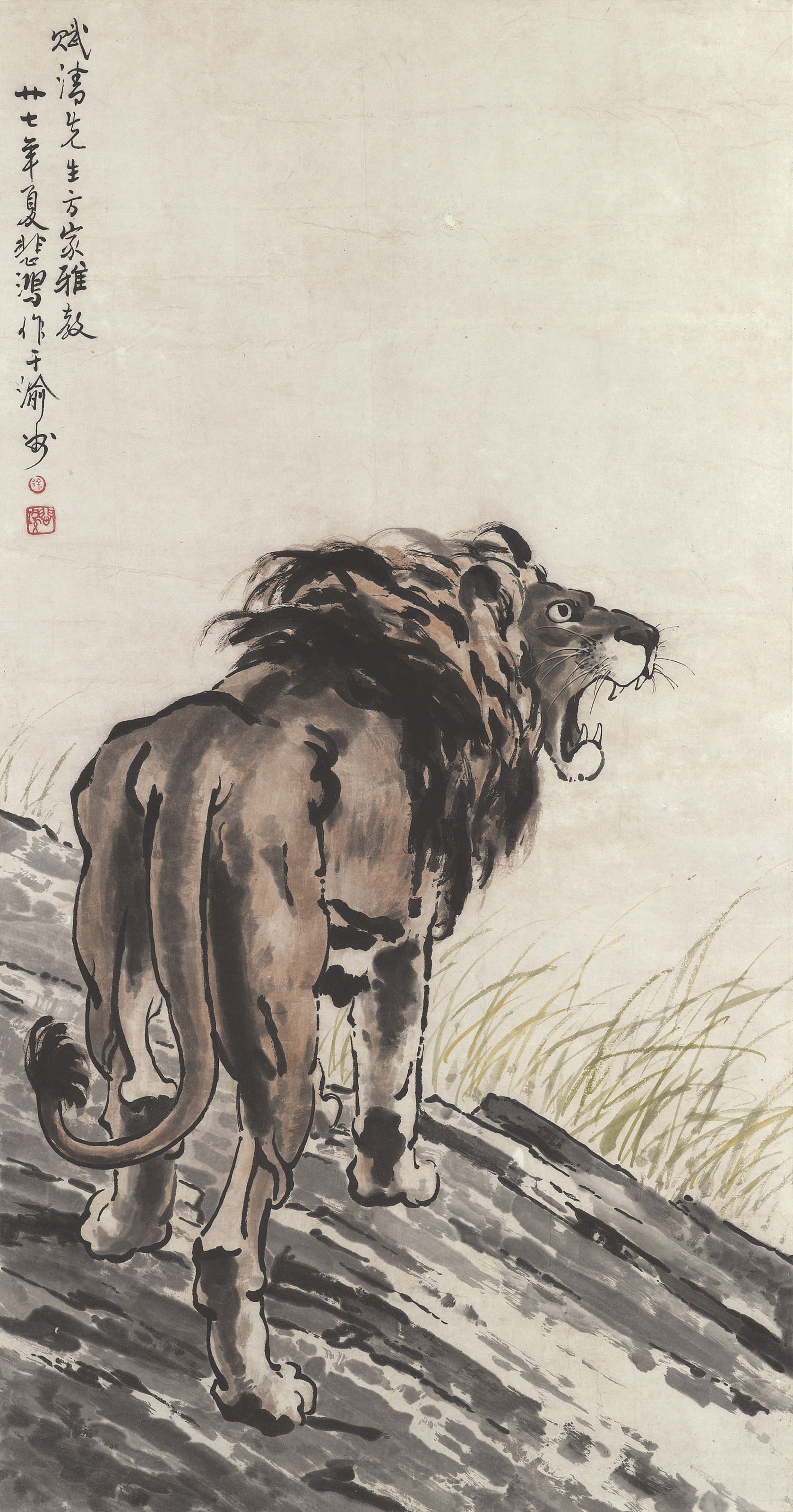 徐悲鴻風の「獅子図」中国美術品・中国近代名家徐悲鴻氏書画・動物画