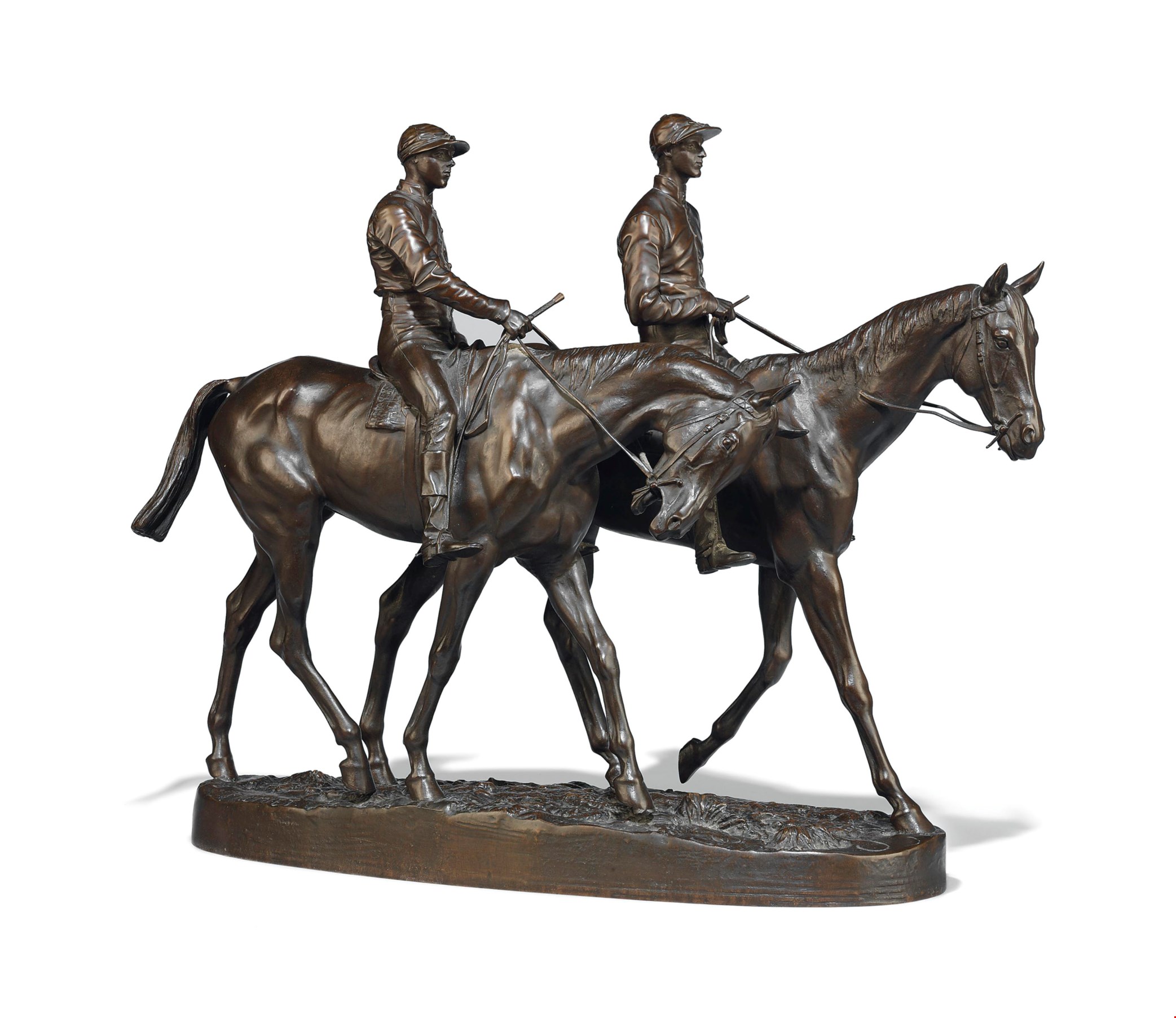 A FRENCH BRONZE EQUESTRIAN GROUP ENTITLED 'CHEVAUX DE COURSE ET JOCKEYS