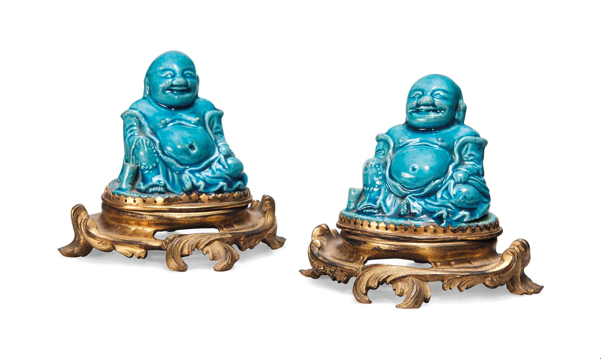 A PAIR OF CHINESE ORMOLU MOUNTED TURQUOISE GLAZED FIGURES OF BUDAI
