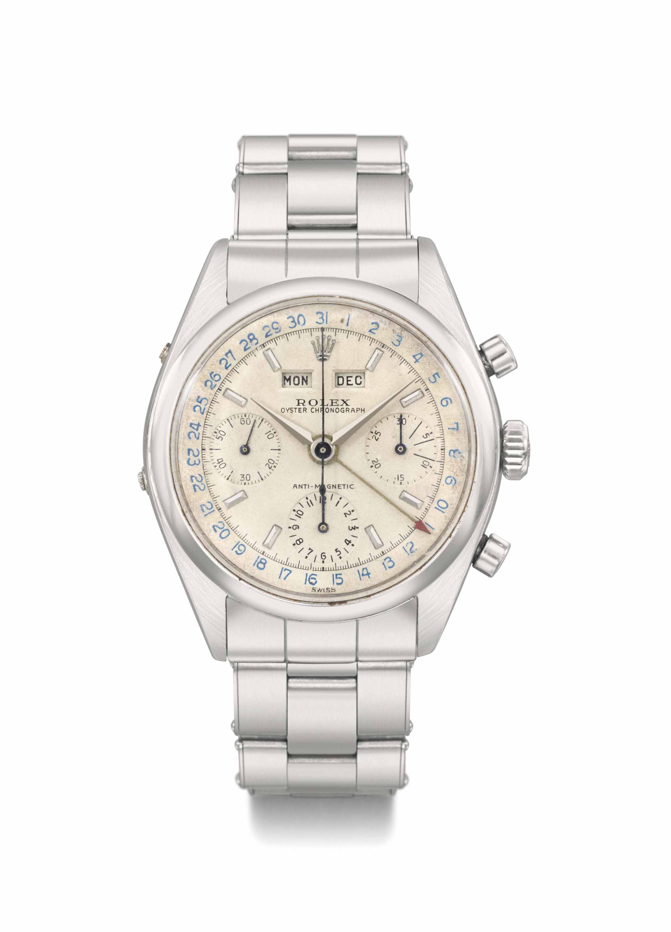 Rolex. A very fine, rare and attractive stainless steel triple calendar  chronograph wristwatch with bracelet