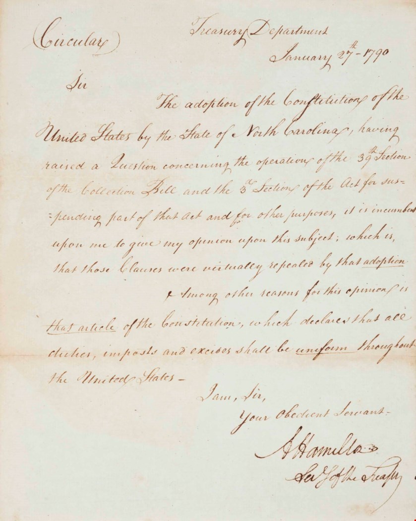 HAMILTON, Alexander (ca.17551804). Circular letter signed (“A