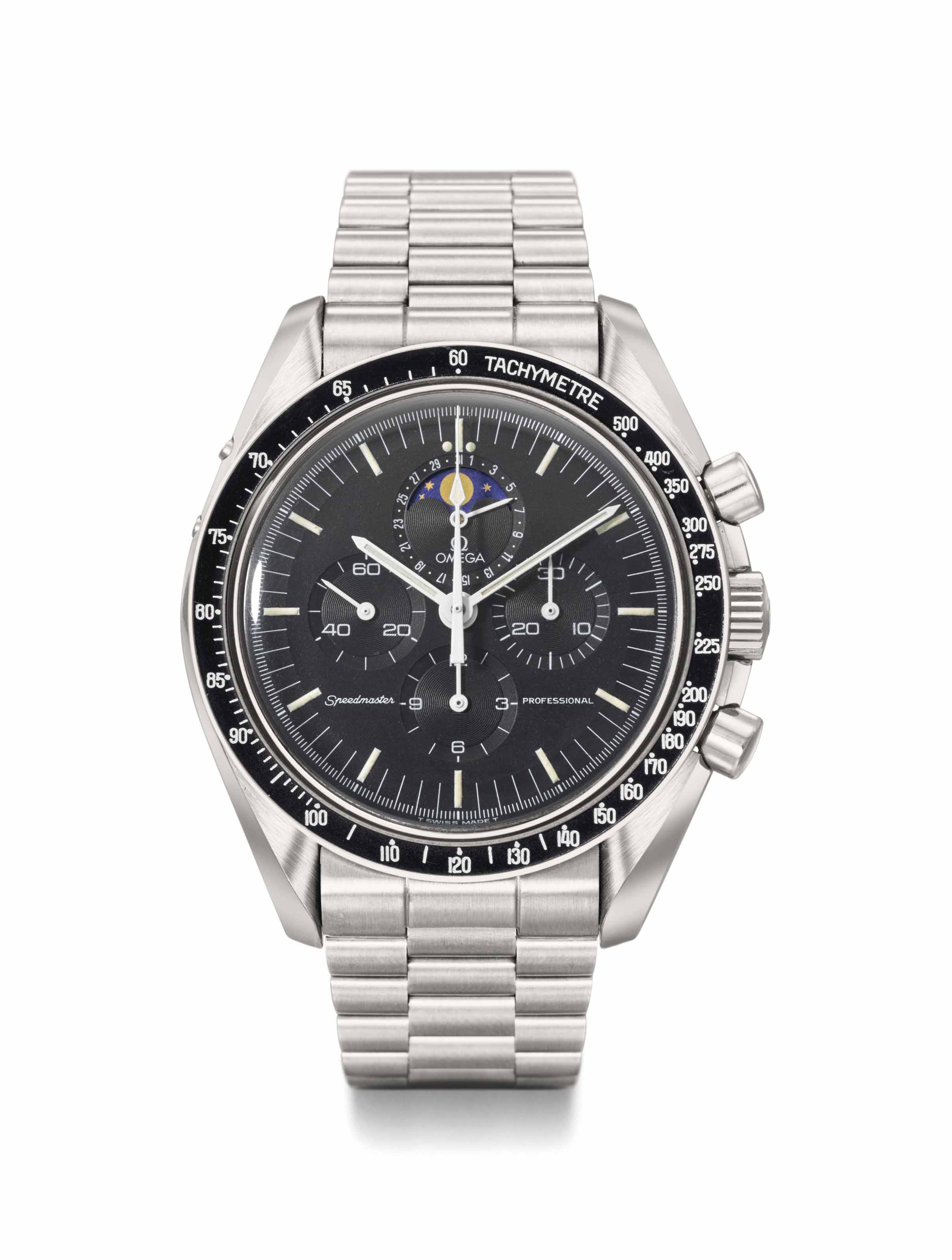Omega. A Very Fine and Rare Stainless Steel Chronograph Wristwatch with  Bracelet and Box