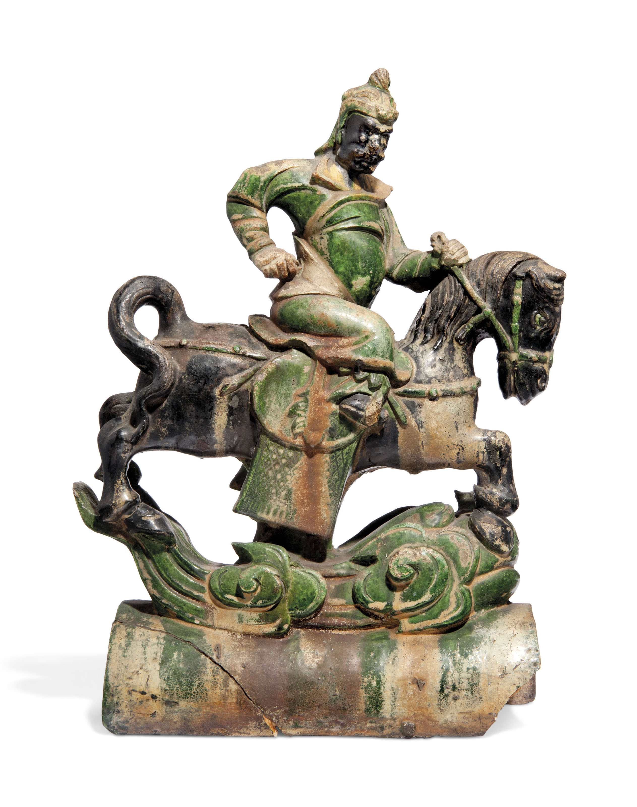 A CHINESE SANCAI-GLAZED 'HORSE AND RIDER' ROOF TILE, MING DYNASTY