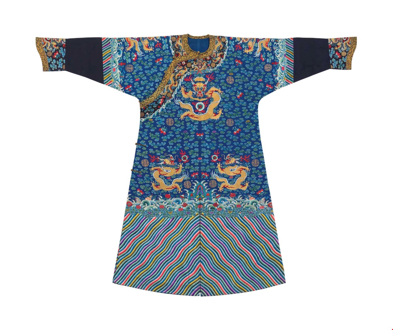 A FINELY EMBROIDERED BLUE SILK DRAGON ROBE