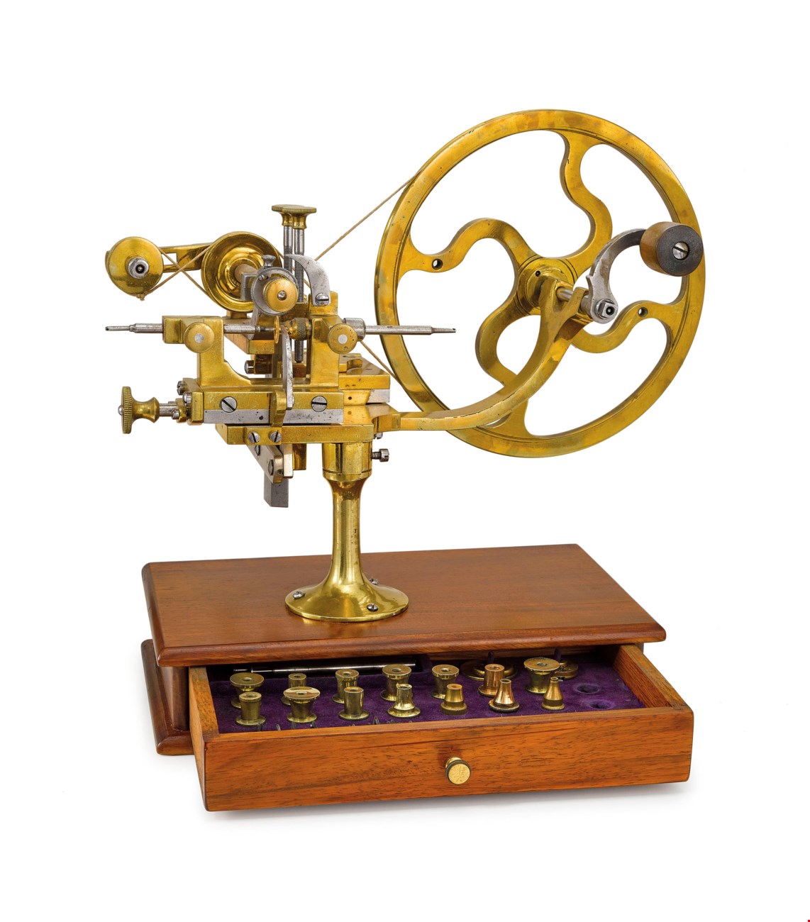 SWISS / FRANCE. A WALNUT, BRASS AND STAINLESS STEEL HANDOPERATED GEAR