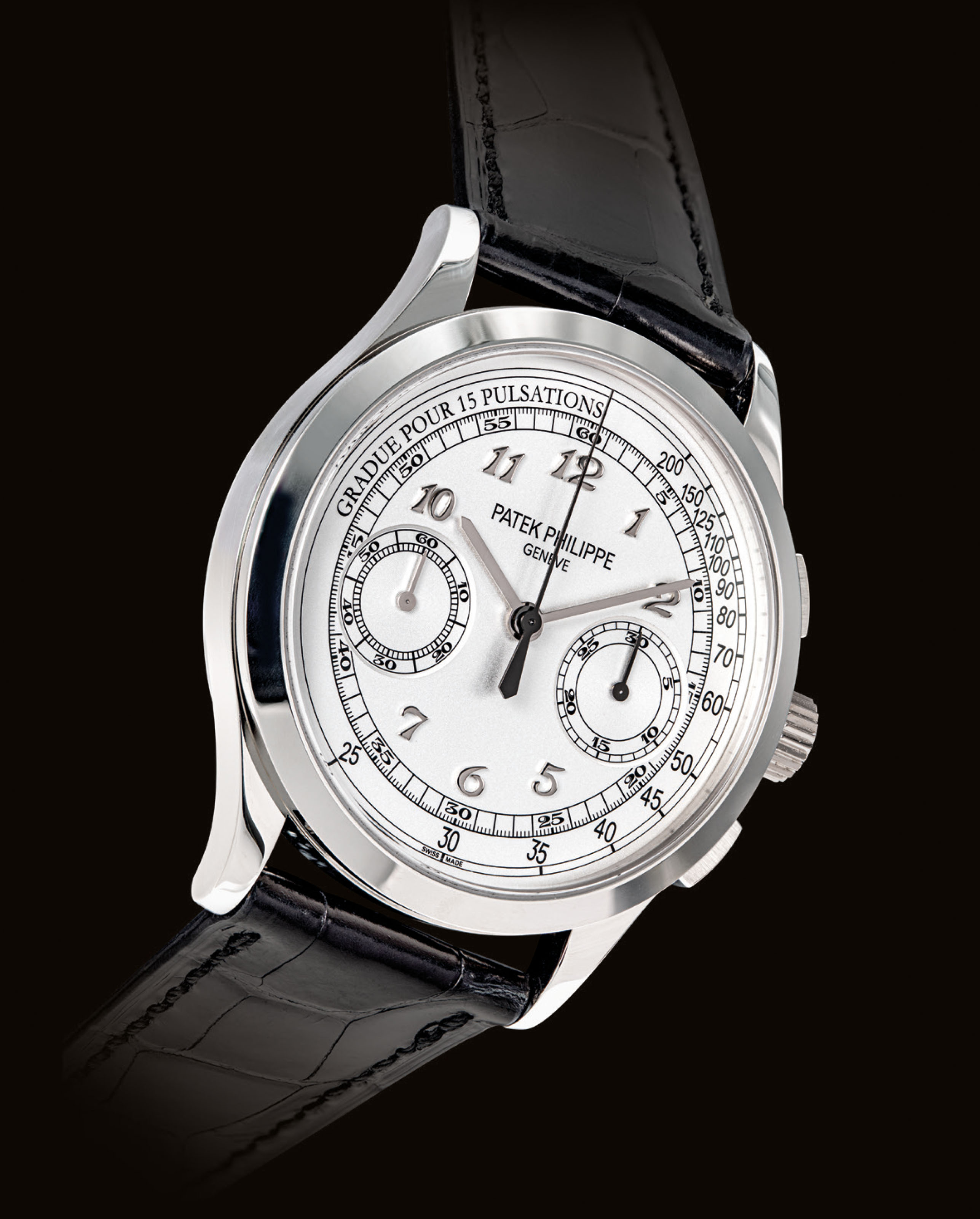 PATEK PHILIPPE. A FINE 18K WHITE GOLD CHRONOGRAPH WRISTWATCH WITH PULSATION  SCALE AND BREGUET NUMERALS