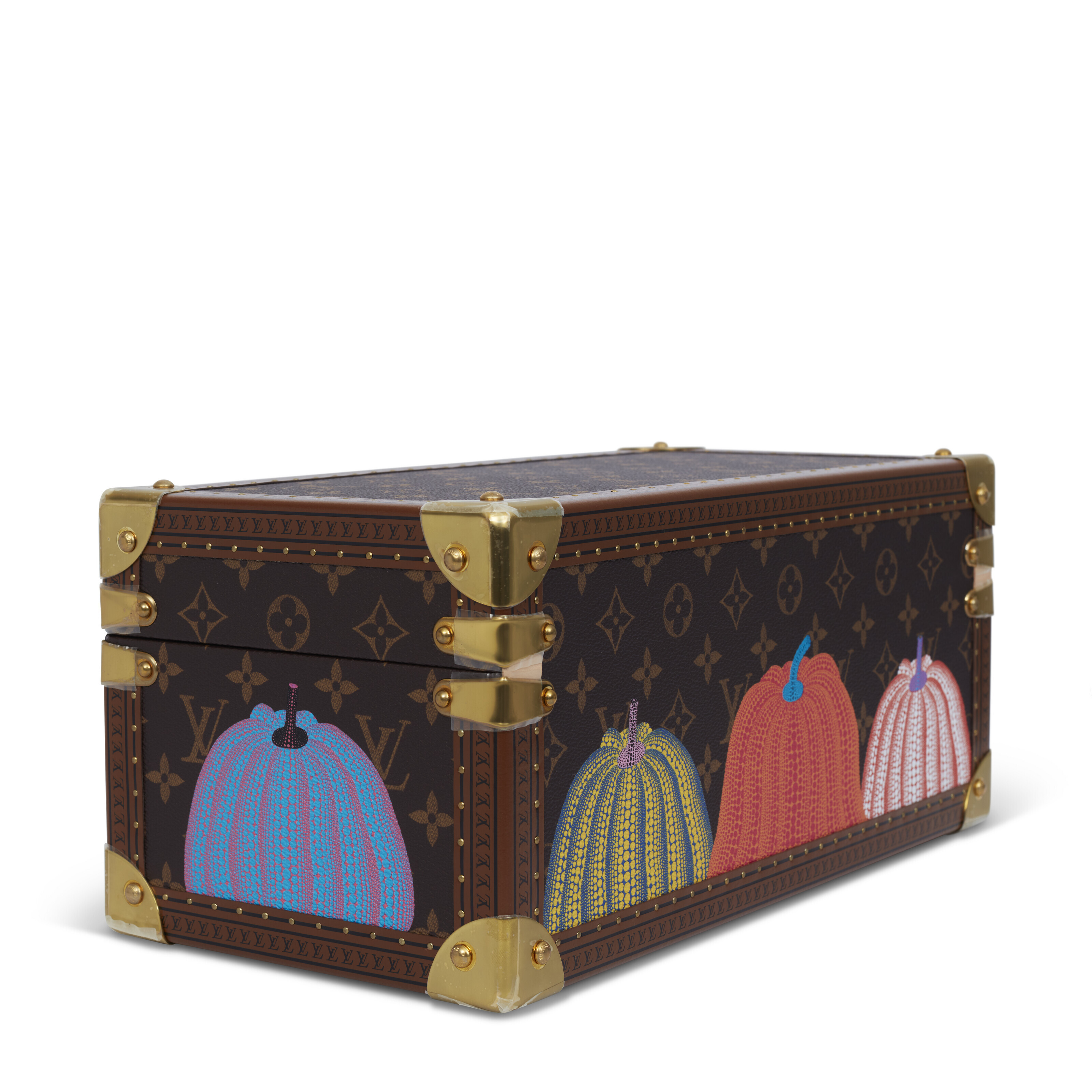 A LIMITED EDITION PAINTED PUMPKIN MONOGRAM WATCH BOX WITH BRASS