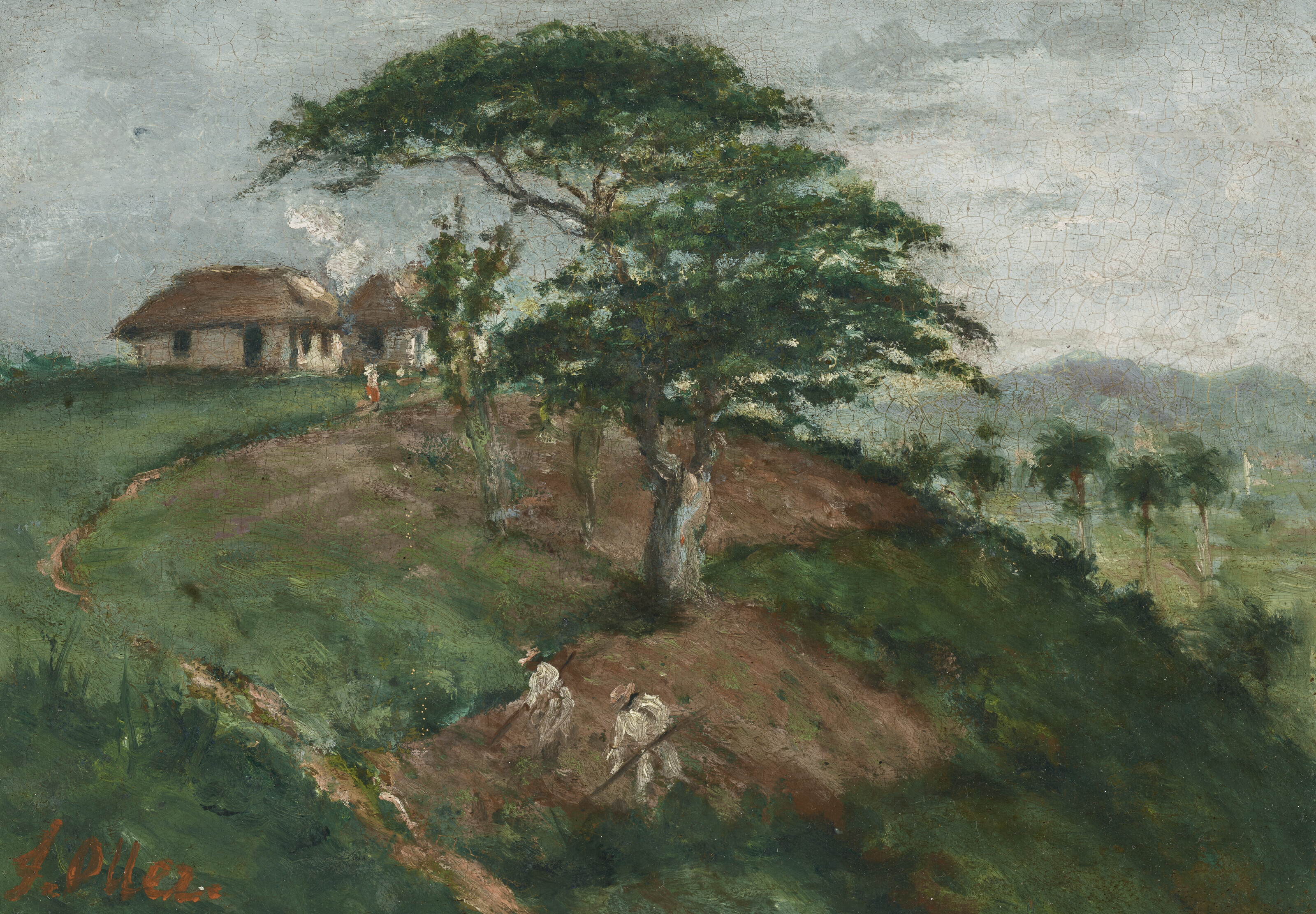 FRANCISCO OLLER (1933-1917), Paisaje de jíbaros aranda la tierra