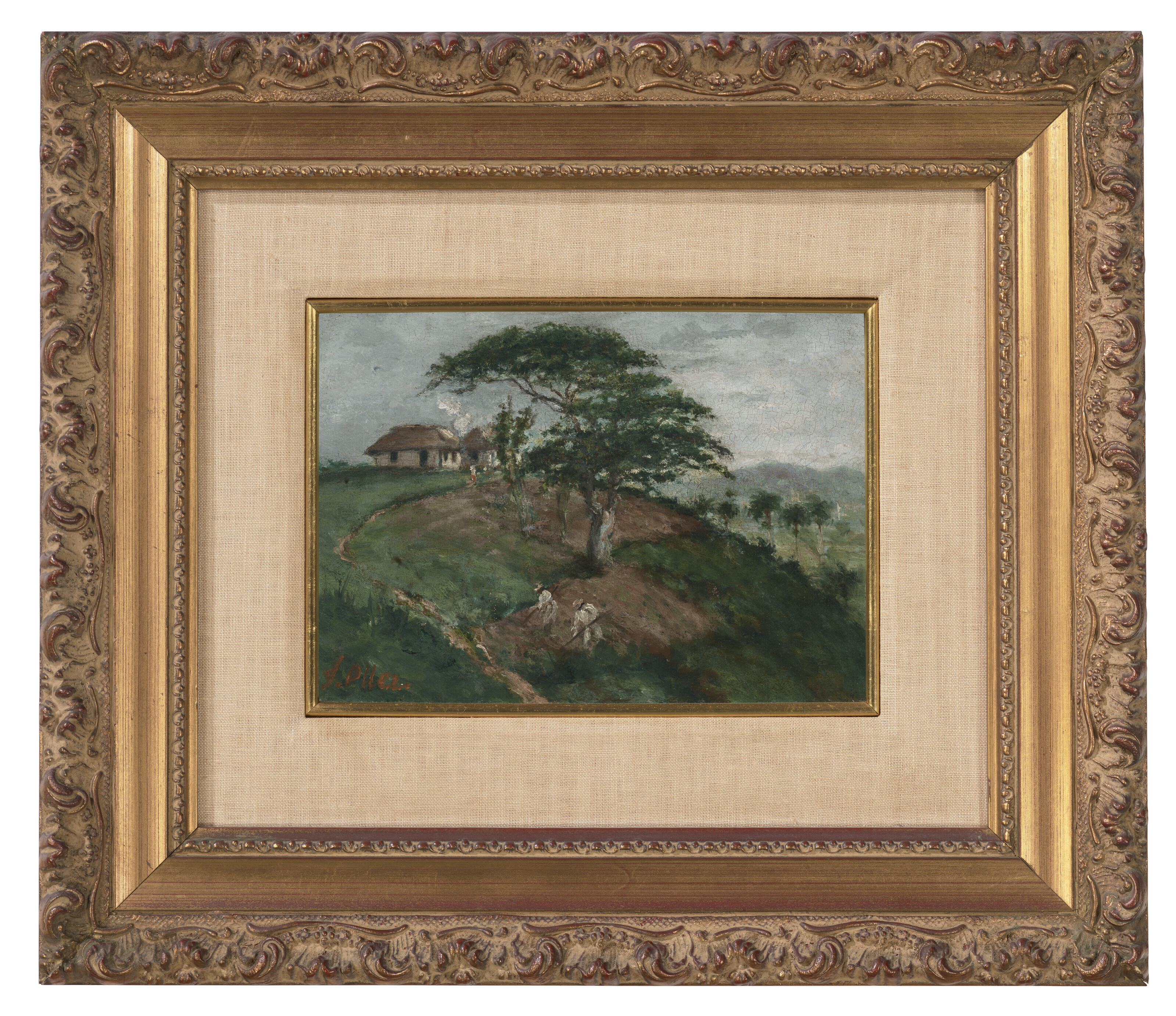 FRANCISCO OLLER (1933-1917), Paisaje de jíbaros aranda la tierra