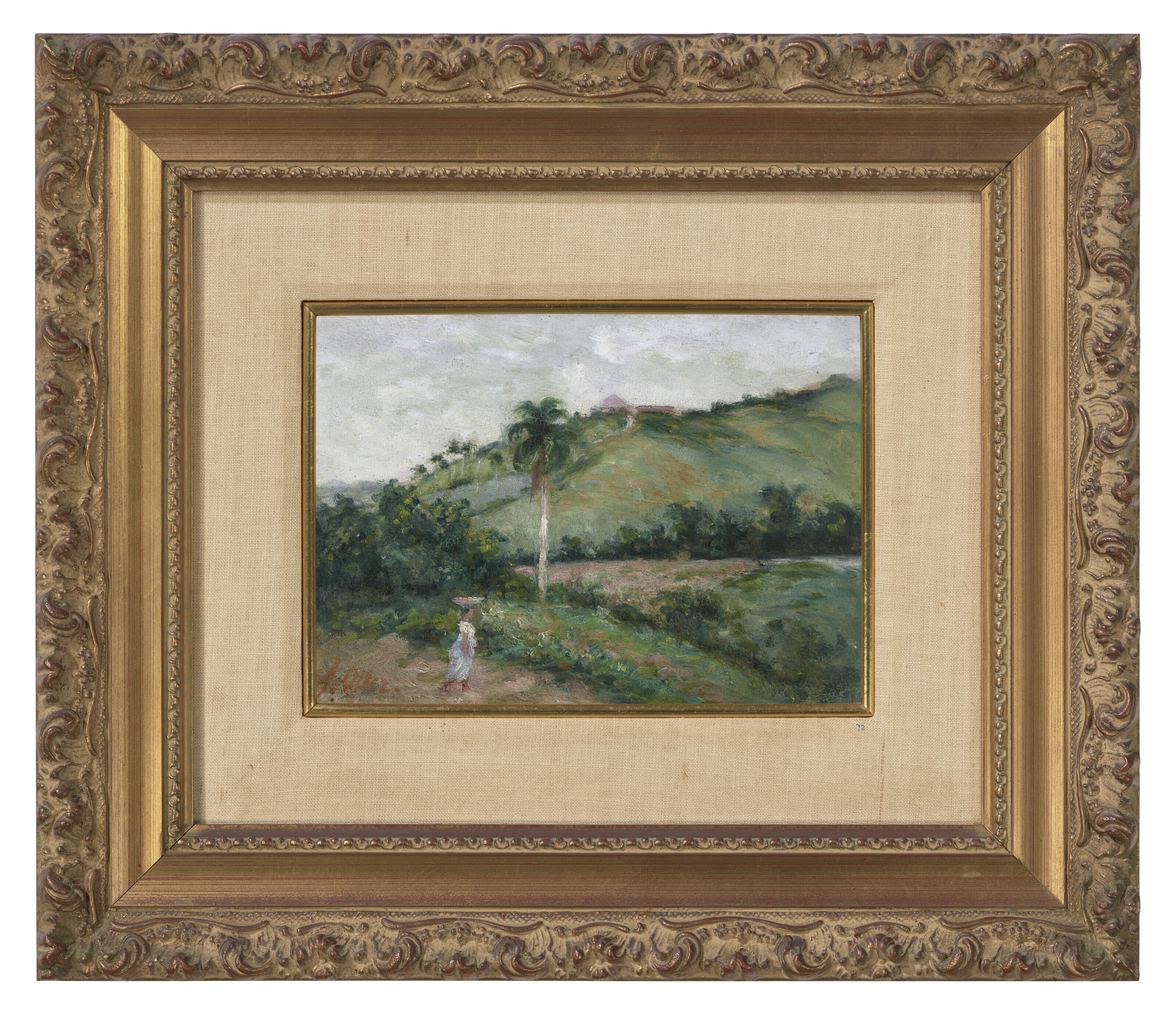 FRANCISCO OLLER (1833-1917), Paisaje con una lavandera hacia el