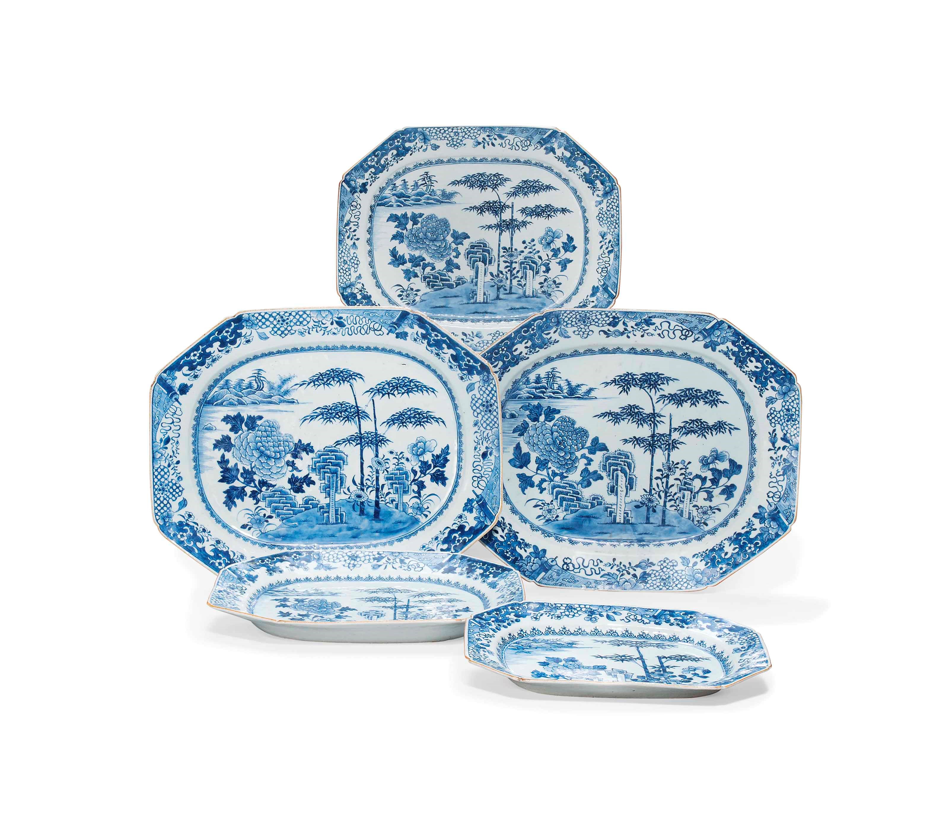 FIVE BLUE AND WHITE OBLONG OCTAGONAL DISHES